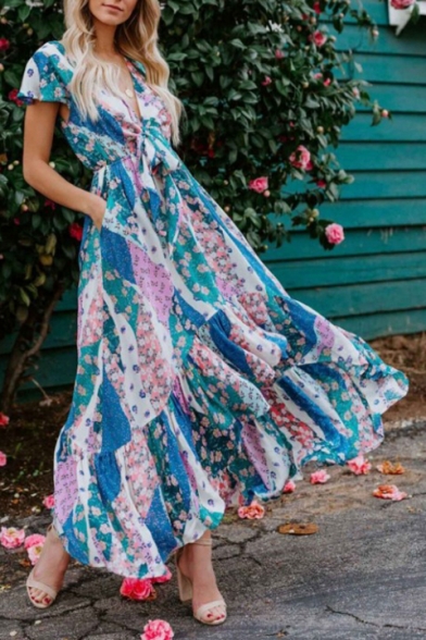 Summer Fancy Blue Floral Printed Tied Plunged Neck Short Sleeve Maxi Ruffled Beach Dress