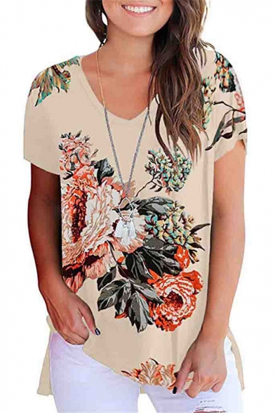Polyester S-2XL DICPOLIA Women Sleeveless V-Neck Summer T-Shirt Flower Print