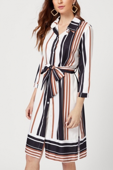 Summer Fashion Vertical Striped Print Long Sleeve Tied Waist Button Down Midi Shirt Dress
