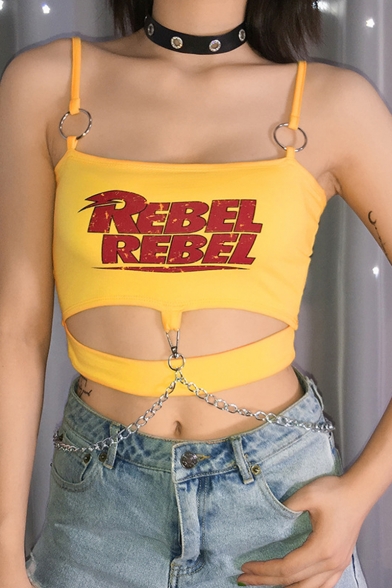 Summer Fashion Womens Yellow REBEL Letter Printed Chain Embellished Cutout Straps Sexy Crop Cami