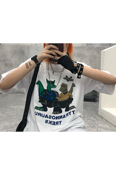 

Summer Funny Cartoon Dinosaur Pattern Round Neck Unisex Casual Tee, LM547472, White;gray