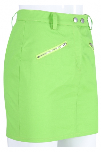Summer Girls Cool Flourescent Green Simple Plain Zipper Embellished Mini A-Line Skirt