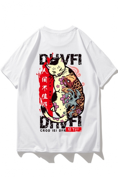 Summer Guys Cool Cartoon Cat Print Oversized Loose T-Shirt
