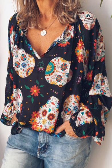Summer Holiday Womens Fashion Floral Pattern V-Neck Long Sleeve Casual Loose Blouse Top