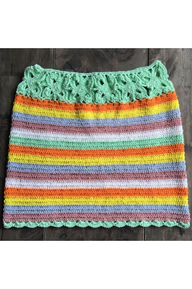Summer Hot Fashion Rainbow Color Cutout Crochet Mini Fitted Knit Beach Skirt