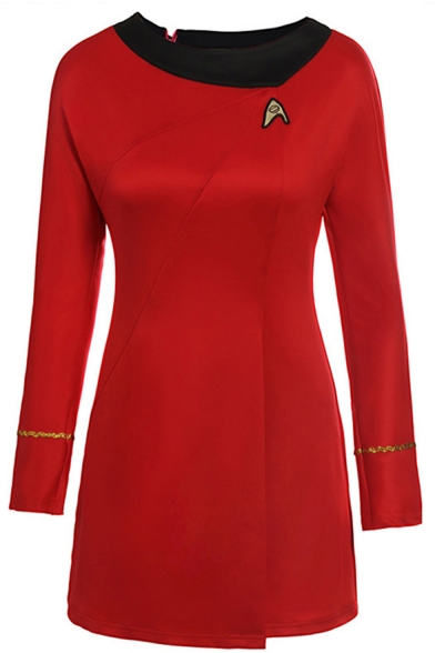 Summer Hot Fashion Star Trek Logo Print Long Sleeves Metallic Stripped Embellished Mini A-Line Dress