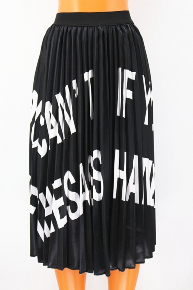 Summer Hot Trendy Elastic Waist Letter Cartoon Print Oversize Loose Pleated Midi Skirt