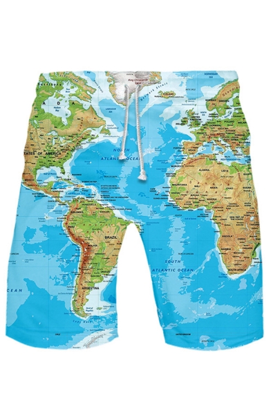 Summer New Stylish WORLD MAP Printed Drawstring Waist Casual Beach Sports Sweat Shorts