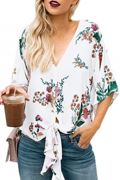 Summer Trendy Chic Floral Printed Bell Sleeve V-Neck Tied Hem Loose Fit Chiffon Blouse