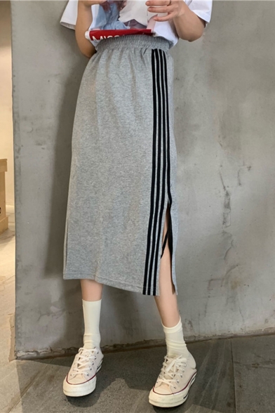 Summer Trendy Stripped Side Elastic Waist Split Side Maxi Skirt
