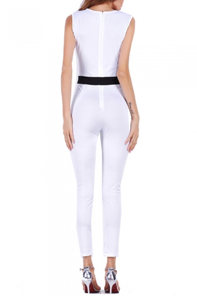 Summer Trendy V Neck Sleeveless Zipper-Back ColorBlock Tight Waist Jumpsuit for Women
