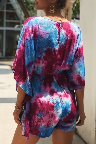 Summer Women's Hot Stylish V-Neck Floral Printed Tie Dye Drawstring Waist Batwing Sleeves Boho Leisure Romper
