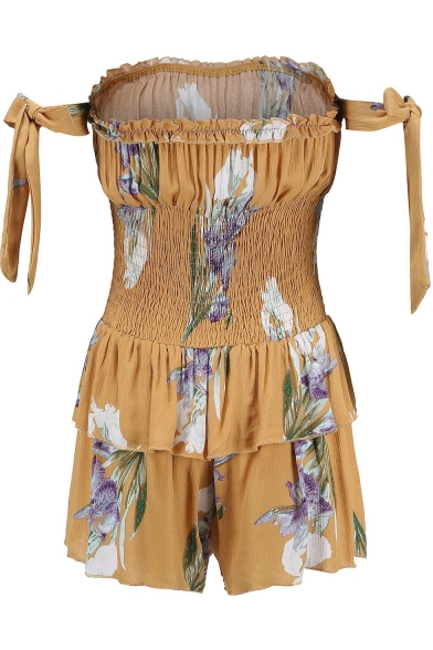 Summer Womens Yellow Floral Printed Backless Off Shoulder Bow Sleeves Gather Waist Layered Ruffle Holiday Rompers