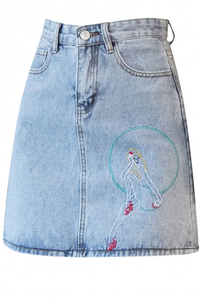 Sweet Girls Hot Fashion Cartoon Embroidery Pocket Back A-Line Mini Denim Skirt