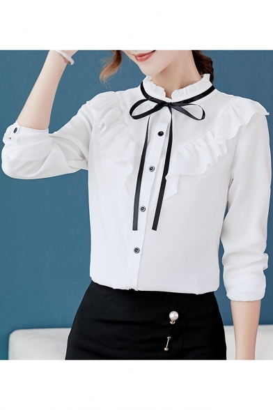 Trendy Bow-Tied Stand Collar Long Sleeve Ruffled Hem Button Down Shirt Blouse