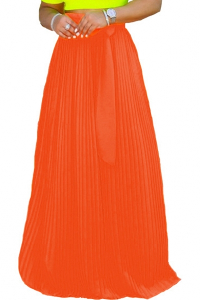 Trendy Plain High Waist Bow-Tie Pleated Floor Length Maxi Chiffon Skirt