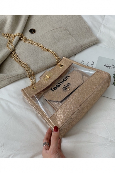 Trendy Letter FASHION GIRL Printed Transparent Sequin Crossbody Bag with Chain Strap 23.5*20*8 CM