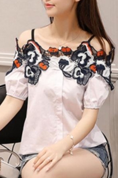 Trendy Womens Cold Shoulder Floral Embroidered Hollow Out Button Front Short Sleeve Casual Loose Blouse