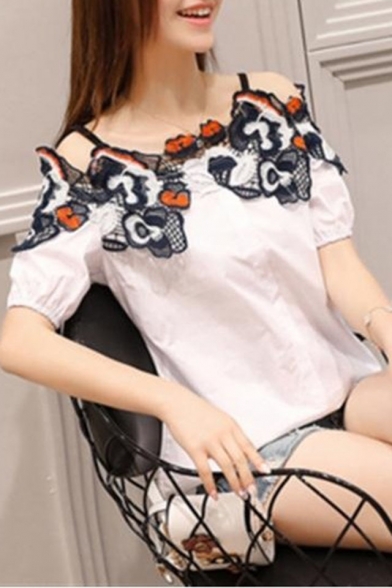 Trendy Womens Cold Shoulder Floral Embroidered Hollow Out Button Front Short Sleeve Casual Loose Blouse