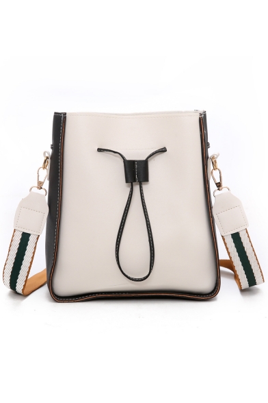 Women's Fashion Colorblock Stripe Strap PU Leather Drawstring Bucket Bag 25*9*28 CM