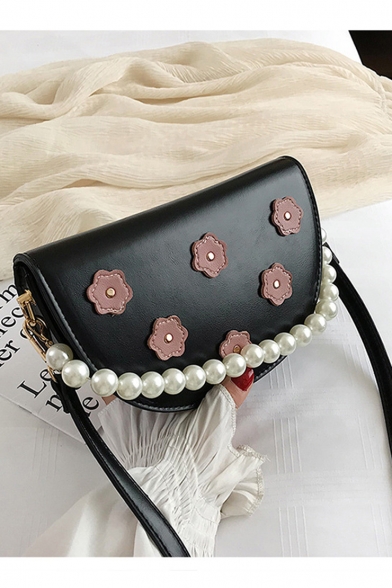 Women's Fashion Rivet Flower Embellishment Pearl Handle Semicircular Crossbody Saddle Bag 22*13*10 CM