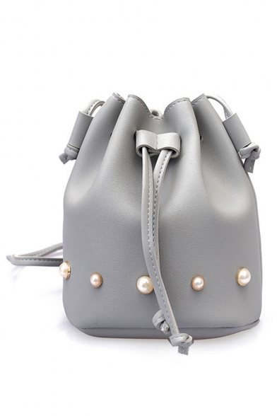 Women's Fashion Solid Color Pearl Embellishment Drawstring Crossbody Bucket Bag 17*20*13 CM