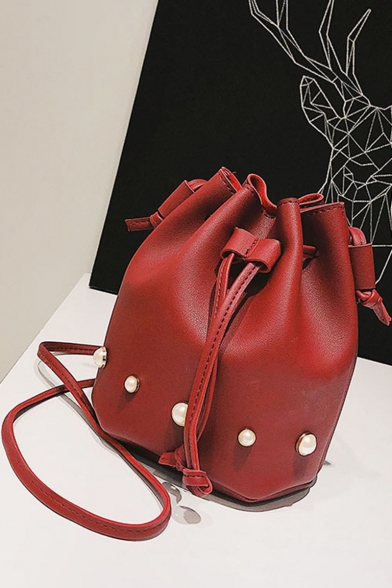 Women's Fashion Solid Color Pearl Embellishment Drawstring Crossbody Bucket Bag 17*20*13 CM