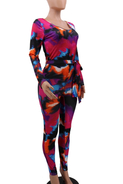 Women's Hot Fashion Sexy Strapless Long Sleeve Tie Dye Tie-Front Slim Fit Jumpsuit