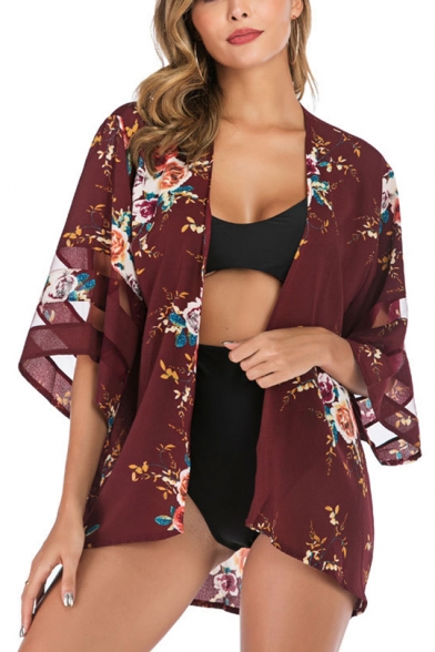 Womens Chic Floral Pattern Mesh Panel Sleeve Sun Protection Beach Kimono Blouse