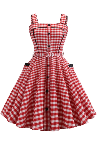 Womens Classic Trendy Check Pattern Sleeveless Button Front Red Midi Fit and Flared Swing Dress