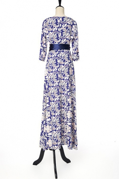 Womens Fancy Floral Printed Round Neck Three-Quarter Sleeve Belted Waist Maxi Swing Dress
