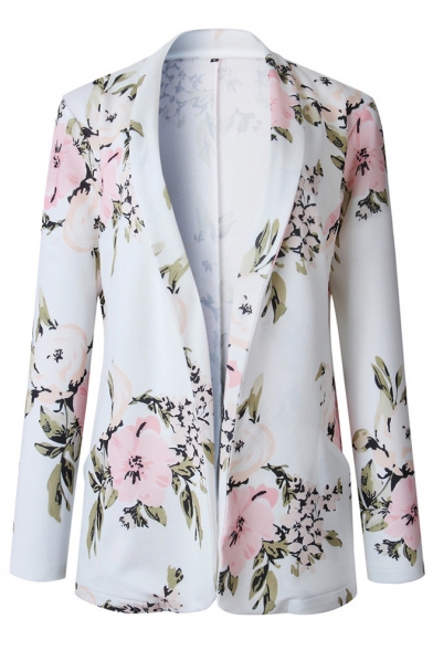 Womens Fancy White Floral Printed Long Sleeve Lapel Collar Fitted Blazer Coat