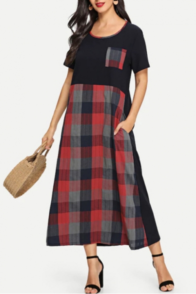 

Womens Fashion Black Plaid Patched Round Neck Short Sleeve Maxi Linen Swing Dress, LM543576