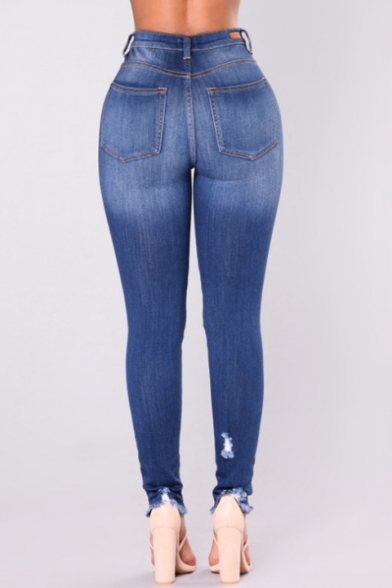 Womens Fashion Blue Ripped Knee Cut Raw Hem Skinny Fit Denim Jeans
