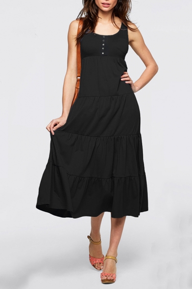 Womens Fashion Plain Scoop Neck Sleeveless Maxi Swing Tank Dress