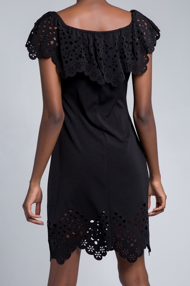 Womens Hot Fashion Off Shoulder Lace Trim Patchwork Cutout Plain Mini Evening Party Dress