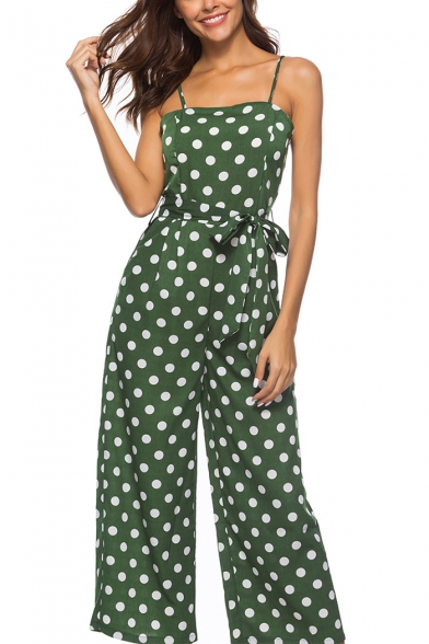 Womens Hot Fashion Polka Dot Print Straps Sleeveless Tie-Waist Casual Loose Jumpsuits