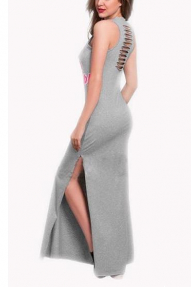 Womens Hot Popular Cutout Sleeveless Letter Print Split Side Maxi Tank Dress