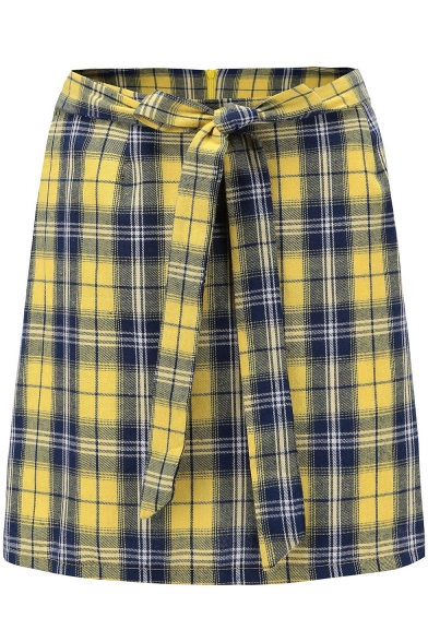 Womens Hot Popular Yellow Check Printed Bow-Tied Waist Wrap Front Skort Shorts