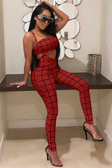 Womens Hot Sexy Fashion Plain Check Print Cutout Straps Skinny Fitted Jumpsuits