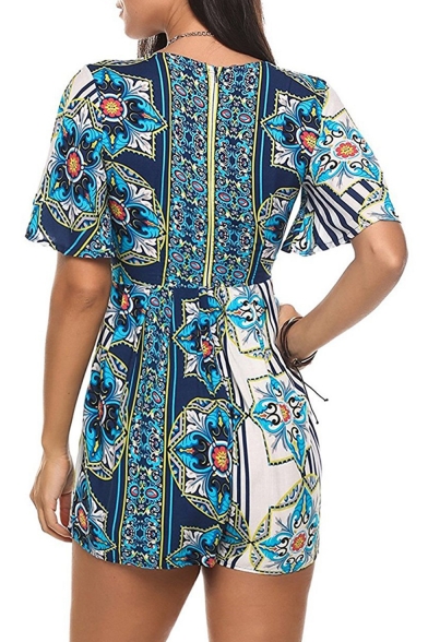Womens Hot Stylish Boho Floral Printed Plunge V-Neck Tie Waist Short Sleeve Casual Rompers