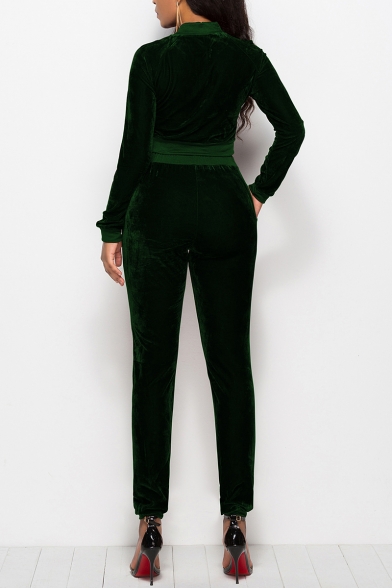 Womens Hot Stylish Plain Long Sleeve Zip-Back Fitted Sport Velvet Jumpsuits