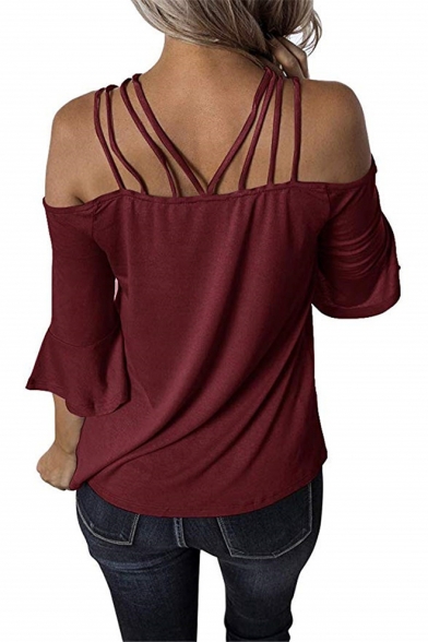 Womens New Fashion Solid Color Sexy Strappy Flared Sleeve Casual Loose T-Shit