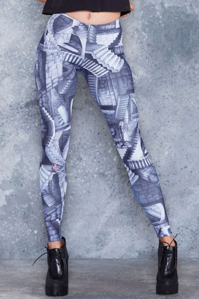 Womens New Trendy Navy Painting Printed Elastic Waist Polyester Ankle Length Legging Pants