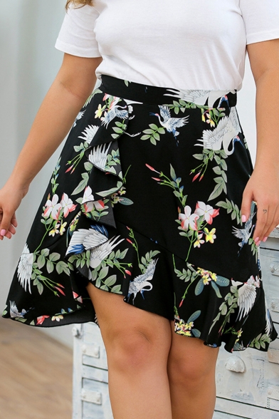 Womens Plus Size Fancy Black Floral Printed Mini Ruffled Skirt