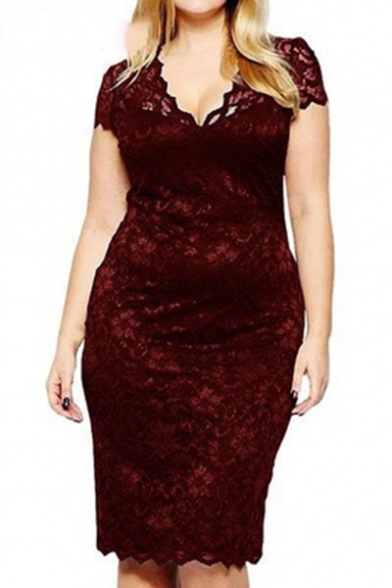 Womens Plus Size Fashion V-Neck Short Sleeve Midi Fitted Lace Pencil Dress