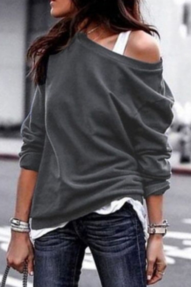 Womens Stylish Plain Cold Shoulder Long Sleeve Pullover Sweatshirt