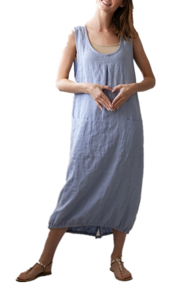 Womens Stylish Scoop Neck Sleeveless Drawstring Hem Plain Light Blue Maxi Linen Tank Dress