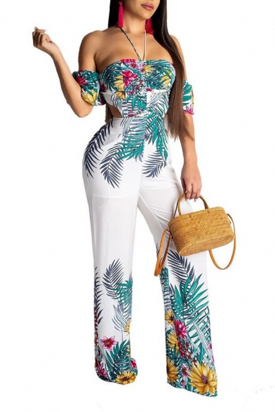Womens Stylish Strapless Leaf Flower Print Short Sleeves Tie-Back Straight Pants Jumpsuits