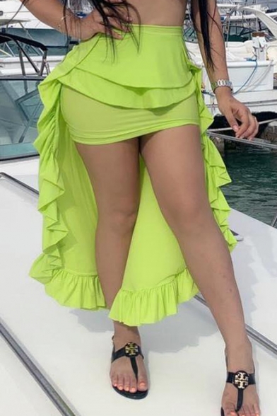 Womens Summer Cool Flourescent Green Street Fashion High Low Maxi Ruffled Skirt